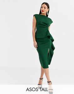 Платье-футляр миди с баской и защипами ASOS DESIGN Tall-Зеленый
