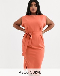 Платье миди с короткими рукавами и пуговицами на юбке ASOS DESIGN Curve-Красный