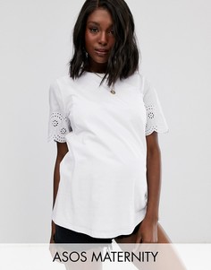 Футболка для кормящих мам с вышивкой ришелье на рукавах ASOS DESIGN Maternity-Белый