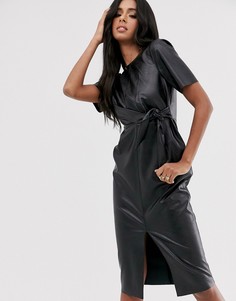 Платье-футляр миди из искусственной кожи ASOS DESIGN-Черный