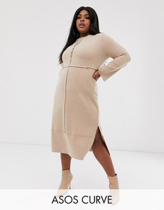Мягкое платье миди с карманами и видимыми швами ASOS DESIGN Curve-Бежевый