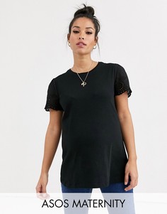 Черная футболка с вышивкой ришелье на рукавах ASOS DESIGN Maternity-Черный