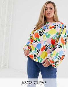 Топ с объемными рукавами и цветочным принтом ASOS DESIGN Curve-Бесцветный