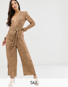 Атласный комбинезон в горошек с широкими штанинами и поясом Glamorous Tall-Светло-коричневый
