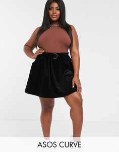 Вельветовая черная мини-юбка с D-образными элементами ASOS DESIGN Curve-Черный