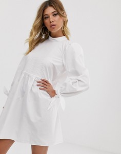 Свободное хлопковое платье мини с завязками на рукавах ASOS DESIGN-Белый