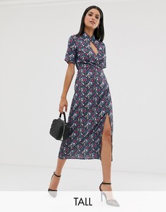 Платье миди с высоким воротом, вырезом капелькой и цветочным принтом Fashion Union Tall-Мульти