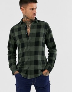 Облегающая хлопковая рубашка цвета хаки в клетку и с начесом Only & Sons-Зеленый