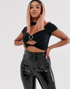 Черный кроп-топ с короткими рукавами и кольцом со стразами ASOS DESIGN