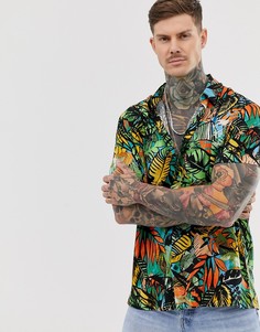 Рубашка с короткими рукавами и разноцветным лиственным принтом Bershka-Мульти