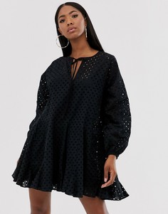 Платье-трапеция мини с вышивкой ришелье ASOS DESIGN-Черный