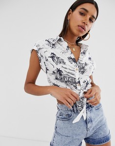 Белая рубашка с принтом и завязкой Bershka-Белый