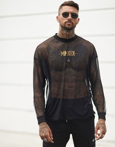 Сетчатая oversize-футболка с длинным рукавом и золотистым принтом римских цифр на груди ASOS DESIGN-Черный
