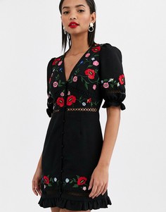 Платье мини на пуговицах с вышивкой ASOS DESIGN-Черный