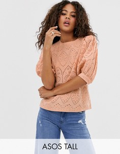 Топ с короткими пышными рукавами и вышивкой ришелье ASOS DESIGN Tall-Розовый