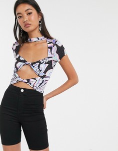 Кроп-топ с короткими рукавами, вырезом и мраморной отделкой ASOS DESIGN-Мульти