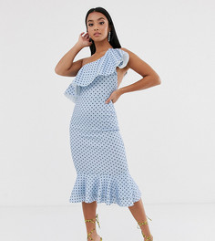 Платье миди на одно плечо с оборками и принтом ASOS DESIGN Petite-Мульти