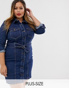 Темно-синее джинсовое платье-рубашка с завязкой на талии Vero Moda Curve-Синий