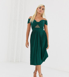 Платье миди с открытыми плечами, кружевом и плиссировкой ASOS DESIGN Petite-Зеленый