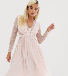Платье миди с длинными рукавами, кружевом и плиссировкой ASOS DESIGN Petite-Бежевый