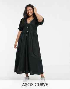 Льняное платье макси с пуговицами ASOS DESIGN Curve-Черный
