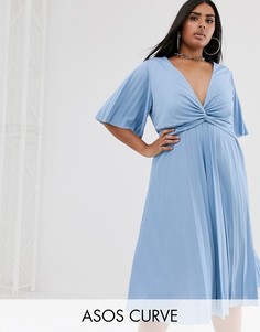 Плиссированное платье миди с широкими рукавами ASOS DESIGN Curve-Синий