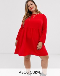 Свободное платье мини с длинными рукавами ASOS DESIGN Curve-Красный