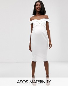 Платье миди с открытыми плечами и узлом ASOS DESIGN Maternity baby shower-Белый