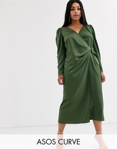 Атласное платье макси с запахом и поясом ASOS DESIGN Curve-Зеленый