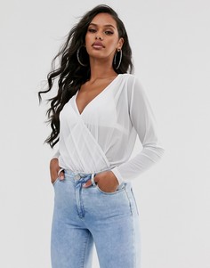 Белое сетчатое боди с запахом и длинными рукавами ASOS DESIGN-Белый