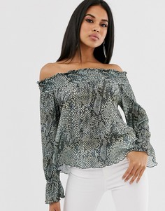Топ с широким вырезом, сборками и змеиным принтом ASOS DESIGN-Мульти