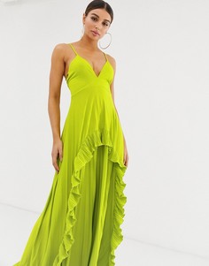 Плиссированное платье макси на бретельках с оборками ASOS DESIGN-Зеленый