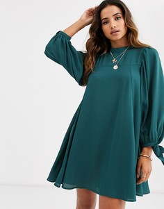 Свободное платье мини с высоким воротом и завязками на рукавах ASOS DESIGN-Зеленый