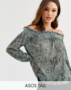 Топ с открытыми плечами, сборками и змеиным принтом ASOS DESIGN Tall-Черный
