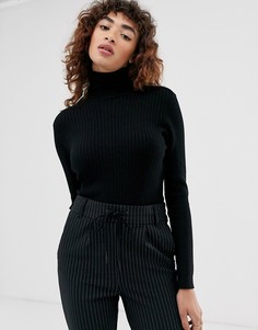 Трикотажный топ в рубчик с отворачивающимся воротом Only-Черный