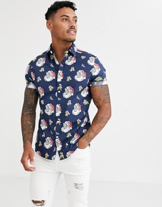 Узкая эластичная рубашка с принтом Санты ASOS DESIGN-Темно-синий