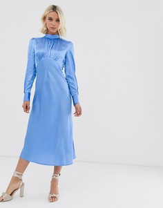 Атласное чайное платье миди с высоким воротом ASOS DESIGN-Синий