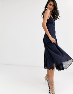Платье миди на тонких бретельках с кружевными вставками ASOS DESIGN-Темно-синий