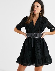 Платье мини с вышивкой ришелье, оборками и поясом ASOS DESIGN-Черный