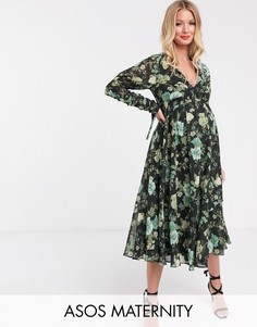 Платье миди с цветочным принтом и присборенной талией ASOS DESIGN Maternity-Мульти