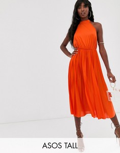 Платье миди с плиссировкой и халтером ASOS DESIGN Tall-Оранжевый