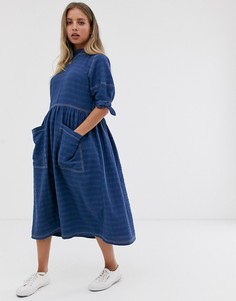 Свободное фактурное платье миди с завязками на рукавах ASOS DESIGN-Синий
