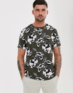 Футболка цвета хаки с цветочным принтом Burton Menswear-Зеленый