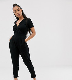 Трикотажный комбинезон с короткими рукавами и запахом ASOS DESIGN Petite-Черный