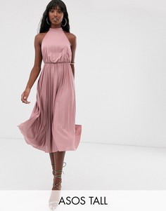 Платье миди с плиссировкой и халтером ASOS DESIGN Tall-Розовый