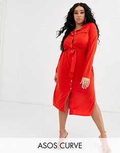 Платье-рубашка миди с поясом ASOS DESIGN Curve-Красный