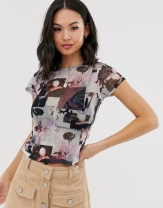 Сетчатый топ с цветочным принтом и короткими рукавами ASOS DESIGN-Мульти