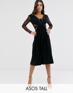 Плиссированное платье миди с длинными рукавами и кружевом ASOS DESIGN Tall-Черный