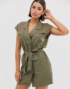 Льняное платье мини в стиле милитари с поясом ASOS DESIGN-Зеленый