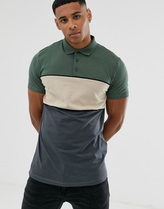Футболка-поло цвета хаки в стиле колор блок ASOS DESIGN-Зеленый